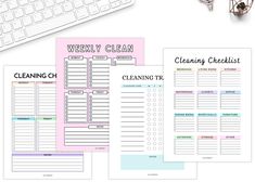 the printable cleaning checklist is displayed next to a keyboard, mouse and other items