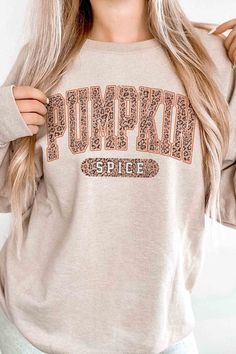 LEOPARD PUMPKIN SPICE Graphic Sweatshirt- Premium 8oz., 50/50 cotton/ polyester- Air jet yarn for softer feel and reduced pilling- Unisex sizing- Classic fitFabric Contents: 100% COTTON Fall Crew Neck Sweatshirt With Brushed Fabric, Stretch Sweater With Letter Print For Fall, Fall Sweatshirt With Letter Print, Winter Cotton Tops With Brushed Fabric, Winter Brushed Fabric Long Sleeve Tops, Winter Long Sleeve Tops With Brushed Fabric, Casual Tops With Brushed Fabric For Fall, Casual Brushed Fabric Top For Fall, Leopard Pumpkin