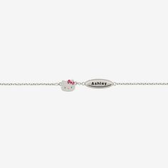 Featuring a selfie of the adorable Hello Kitty and a personalized oval link, this sterling silver and enamel bracelet makes the purr-fect gift for your little one.Material: Pink and white enamelFeatures: PersonalizedCharacter: Hello KittyJewelry Closure: Spring Ring ClaspMetal Color: WhiteChain Length: 7 1/4 InchExtender Length: 1 InchChain Construction: CableCare: Wipe CleanBracelet Type: Chain BraceletsMetal: Sterling SilverCountry of Origin: Imported Playful Silver Jewelry For Friendship, Cute Silver Charm Bracelet For Birthday, Playful Silver Bracelets For Birthday, Playful Nickel-free Silver Bracelets, Cute Silver Bracelet For Birthday, Cute Silver Bracelets For Birthday, Playful Silver Nickel-free Bracelets, Personalized Playful Silver Charm Bracelet, Personalized Silver Playful Charm Bracelet