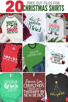 christmas shirts with the words 20 free cut files for christmas shirts