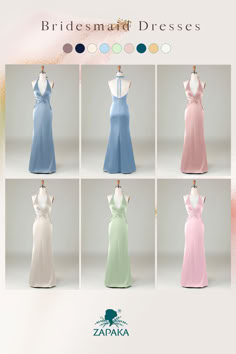 the bridesmarl dresses are all different colors and sizes, including blue, pink, green