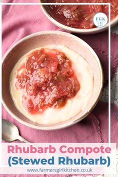 two bowls filled with food sitting on top of a pink table cloth next to each other