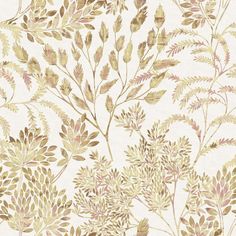 a white and gold wallpaper with green leaves