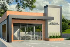 an artist's rendering of the front entrance to a building with glass doors and railings