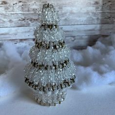 Vintage Christmas Tree Clear Beads Gold Safety Pin Tree Topper Decor Bead Christmas Tree, Christmas Tree Beads, Clear Beads, Safety Pins, Winter Scenery, Vintage Christmas Tree, Beaded Ornaments, Clear White, Christmas Tree Decoration