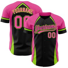 Custom Black Pink-Neon Green 3D Pattern Design Curve Solid Authentic Baseball Jersey 3d Pattern Design, Custom Sportswear, Baseball Jersey Men, Design Jersey, Logo Number, Blue Football, St. Patricks Day, Alpha Kappa Alpha, Pink Neon