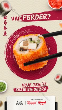 an advertisement for sushi em doro with chopsticks and sauce on the side