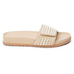 Footbed slide sandal with faux pearl detail and adjustable closure upper. $89.95 Trending Flats, Velcro Shoes, Studded Heels, Footbed Sandals, Boot Accessories, Girls Boots, Casual Sandals, Boots For Sale, Girls Accessories