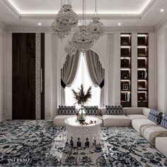 an elegant living room with chandelier, sofa and large rug on the floor