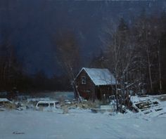 a painting of a barn in the middle of winter with snow on the ground and trees