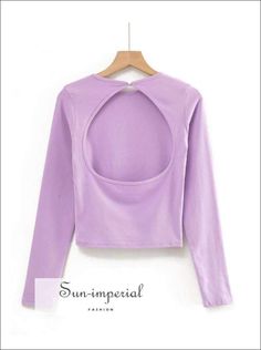 Women Purple Cutout back Long Sleeved Cropped top T-shirt Spring Stretch Tops With Cutout Back, Casual Fitted Tops With Cutout Back, Fitted Casual Tops With Cutout Back, Casual Fitted Top With Cutout Back, Scoop Neck Tops With Thumbholes For Spring, Guts Tour, Table S, Top T Shirt, Solid Clothes