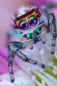 a close up of a spider on a flower with purple and green colors in the background