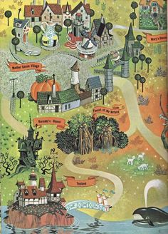 an illustrated map with many different things in the land and trees, water, and animals