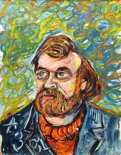 a painting of a man with long hair and beard wearing a blue jacket is shown