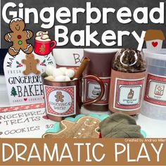 some gingerbread cookies and mugs on a table with the words, dramatic play