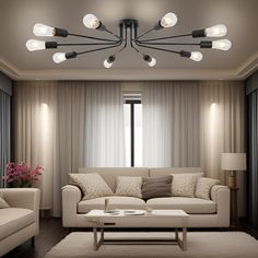 a living room with couches, tables and lamps on the ceiling in front of curtains