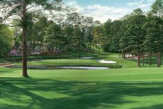 a painting of a golf course surrounded by trees