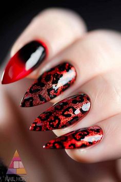 Unleash your wild side with these red and black leopard print nails. The perfect combination of trendy and edgy for those who love to make a statement. Don't forget to save this pin and visit nailhow.com for more amazing designs! #LeopardPrintNails #RedNails Black Leopard Print Nails, Red Glitter Nails, Red Nails Glitter, Red Can