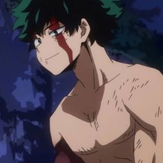 an anime character with green hair and blood on his face is staring at the camera