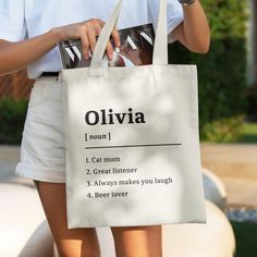 Organic cotton strong canvas Tote Bag for any Concerts, Library, School and Shopping for Personalized Name Definition! * Our Tote Bag is 100% reusable cotton, 150 gr * Size: 38 x 41 cm (15 x 16.5 inches) * Handles are 70cm long and made of heavy duty canvas webbing. * Material: Unweighted organic cotton fabric (not white) or Black Tote Bag * Printing : (DTG) Direct to Garment Printing. (One side printed) * Inks are specially designed for fabric but I recommend hand washing in cold and allowing the bag to dry flat to keep it looking fantastic and use forever! ☼☼ HOW TO ORDER? ☼☼ 1. Choose your tote bag color. 2.Choose your design. * If you have any additional questions or concerns, don't hesitate to message me! * Please consider that there might be color difference on each display. Color de Casual Cotton Canvas Bag With Branding, Everyday Cotton Canvas Bag With Branding, White Cotton Bags For Daily Life, White Cotton Canvas Bag With Branding, Cotton Canvas Bag With Branding Perfect For Gifts, Eco-friendly Cotton Canvas Bag With Branding, Gift Bag Ideas What To Put In, White Cotton Bag With Letter Print, Eco-friendly Cotton Bags With Branding