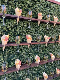 there are many glasses on the wall with ice cream and fruit in them, all lined up