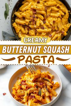 creamy butternut squash pasta with bacon in a skillet and on a white table