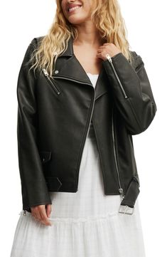 Show off instantly cool style in a moto-inspired faux-leather jacket fashioned with gleaming zip pockets and a belted waist. Asymmetric zip closure Notched collar Chest zip pocket; front zip pockets Attached belt Lined 90% polyester, 7% cotton, 3% viscose with polyurethane coating Spot clean Imported Biker Faux Leather Outerwear With Asymmetrical Zip, Casual Belted Biker Jacket With Long Sleeves, Casual Long Sleeve Belted Biker Jacket, Casual Winter Biker Jacket With Belt, Casual Belted Biker Jacket For Winter, Casual Winter Belted Biker Jacket, Moto Outerwear With Zipper Closure In Faux Leather, Moto Faux Leather Outerwear With Zipper Closure, Moto Outerwear With Zipper In Faux Leather