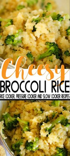 broccoli rice casserole in a white bowl with the words cheese broccoli rice