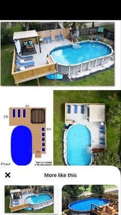 an aerial view of a swimming pool and deck with measurements for the area around it