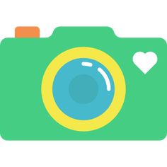 a green and yellow camera with hearts on the lens, isolated against a white background