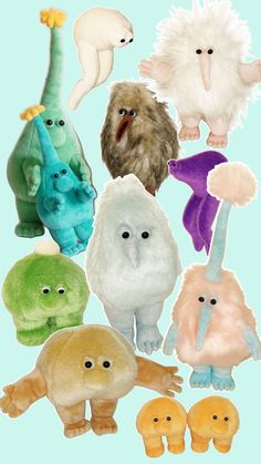 an assortment of stuffed animals with different colors and sizes are shown in the image on a light blue background