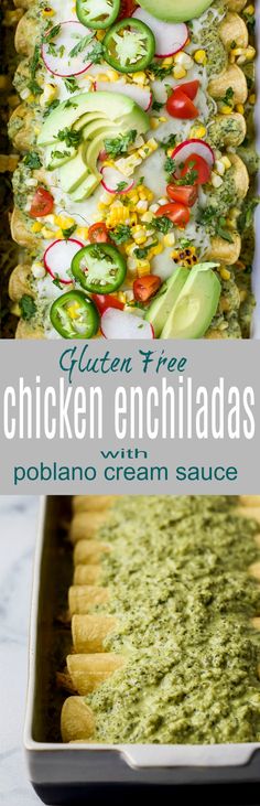 chicken enchiladas with poblano cream sauce in a pan on a table