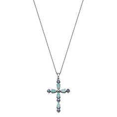 10K White Gold Multigemstone Cross Pendant with Chain  Adorn your neckline with a luminating symbol of your Christian faith. This beautiful white gold cross pendant is comprised of shimmering created opals and beautiful blue tanzanite with a created white sapphire accent at center.        Pendant approx. 1-3/8"L x 13/16"W     Chain approx. 16"L with 2" extender     Stamped 10K white gold; rhodium plating     Cable chain necklace; lobster claw clasp   Stone Information       All sizes and weights White Gold Cross Pendant, Blue Tanzanite, Gold Cross Pendant, Color Bands, Gold Cross, White Sapphire, Cable Chain, Cross Pendant, Sapphire