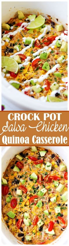 the crock pot salsa chicken quinoa casserole is ready to be eaten