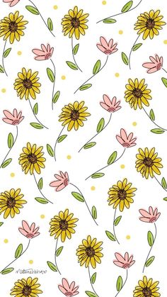 yellow and pink flowers with green leaves are on a white polka doted background,