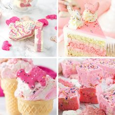 four different pictures of cakes and ice creams with sprinkles on them