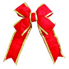 a red bow with gold trims on the front and back of it, against a white background