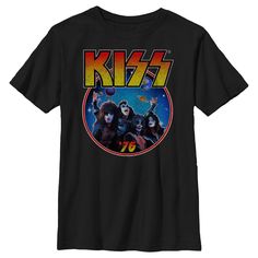 Dust off the leather pants, grab the vinyl records, and apply the face paint in these officially licensed tees for the whole family from the classic metal band KISS! This KISS Galactic Boys' Graphic T-Shirt shows off a distressed print of Gene Simmons, Ace Frehley, Paul Stanley, and Peter Criss surrounded by planets, along with the number "'76" and the classic KISS logo printed above them. Featuring your favorite musicians, these tees are sure to bring back old memories and bring out the metal i Retro Black T-shirt For Fan Conventions, Black Pop Culture T-shirt For Music Festivals, Black T-shirt With Heat Transfer Vinyl Band Merch, Kiss Graphic, Kiss Logo, Band Kiss, Peter Criss, Paul Stanley, Ace Frehley