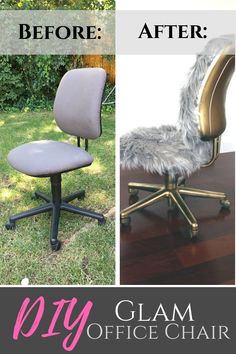 an office chair before and after being upholstered by glam office chair repair