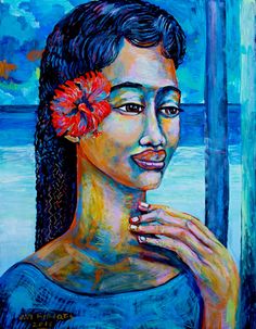 a painting of a woman holding a flower in her hand and looking out the window