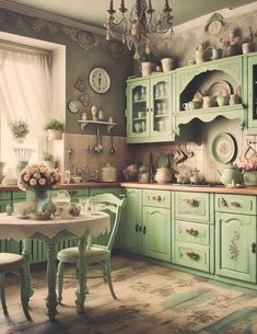 an old fashioned kitchen with green cabinets and white tablecloths on the dining room table