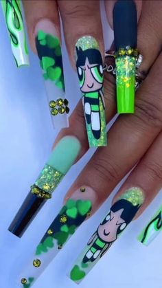 4 20 Nails, Shego Nails, Nail Designs Funky, Gangster Nails Designs, 90s Cartoon Nails Acrylic, Iconic Nails, Trip Nails, Graphic Nails