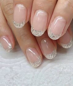 Glitter French Tips Oval, French Nail Glitter Tip, Nude Glitter French Tip Nails, Julnaglar Glitter, White Nails Silver Tips, French Manicure Wedding Nails Brides, Nude Nails Glitter Tips, French Manicure Glitter Tips, Nail Ideas For A Wedding