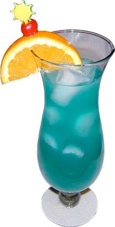 a blue drink with an orange slice on top