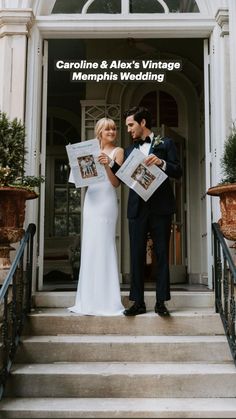 a bride and groom standing on the steps holding newspapers