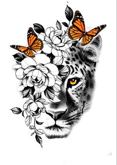 a tiger with flowers and butterflies on its head