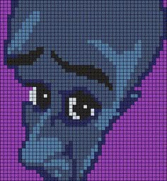 an image of a blue dog with big eyes on a purple background that is made up of squares