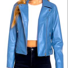 Motorcycle Jacket Casual Blue Leather Jacket With Zipper Closure, Casual Fitted Blue Leather Jacket, Blue Leather Jacket For Spring, Trendy Blue Leather Jacket With Zipper Closure, Trendy Blue Leather Jacket With Zipper, Blue Trendy Leather Jacket For Spring, Chic Blue Leather Jacket For Work, Chic Blue Biker Jacket With Long Sleeves, Chic Blue Long Sleeve Biker Jacket