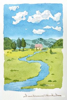 a watercolor painting of a river running through a green field next to a house