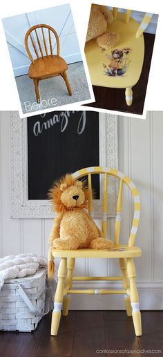 a teddy bear sitting on top of a yellow chair